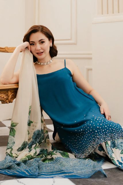 3 Pcs Shamooz Silk (Teal Blue Shirt & Floral Trouser with Matching Printed Dupatta)