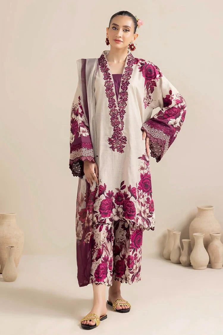 3 Pcs Shamooz Silk (Plum & Off white Color Shirt, Trouser& Dupatta)