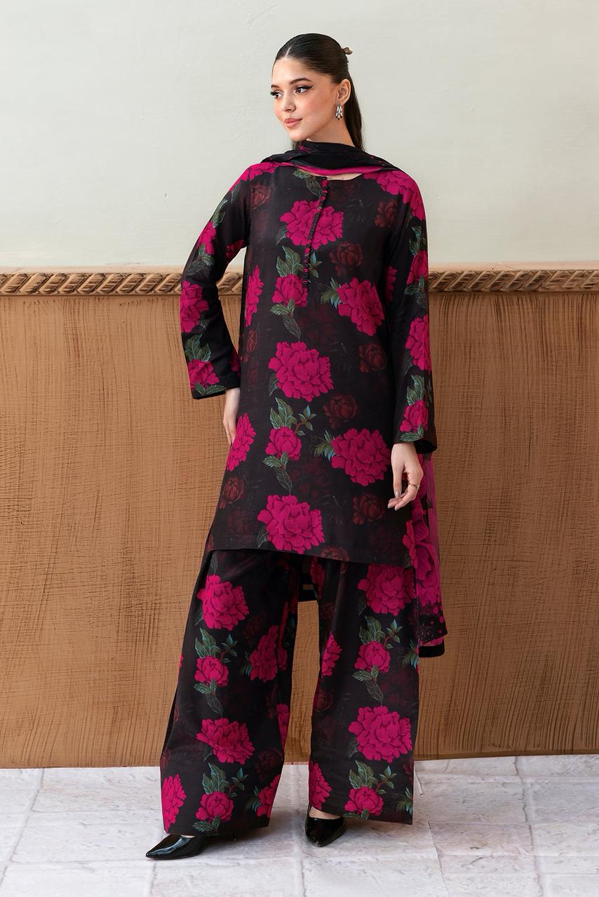 3 Pcs Shamooz Silk (Black Floral Shirt, Trouser & Dupatta)