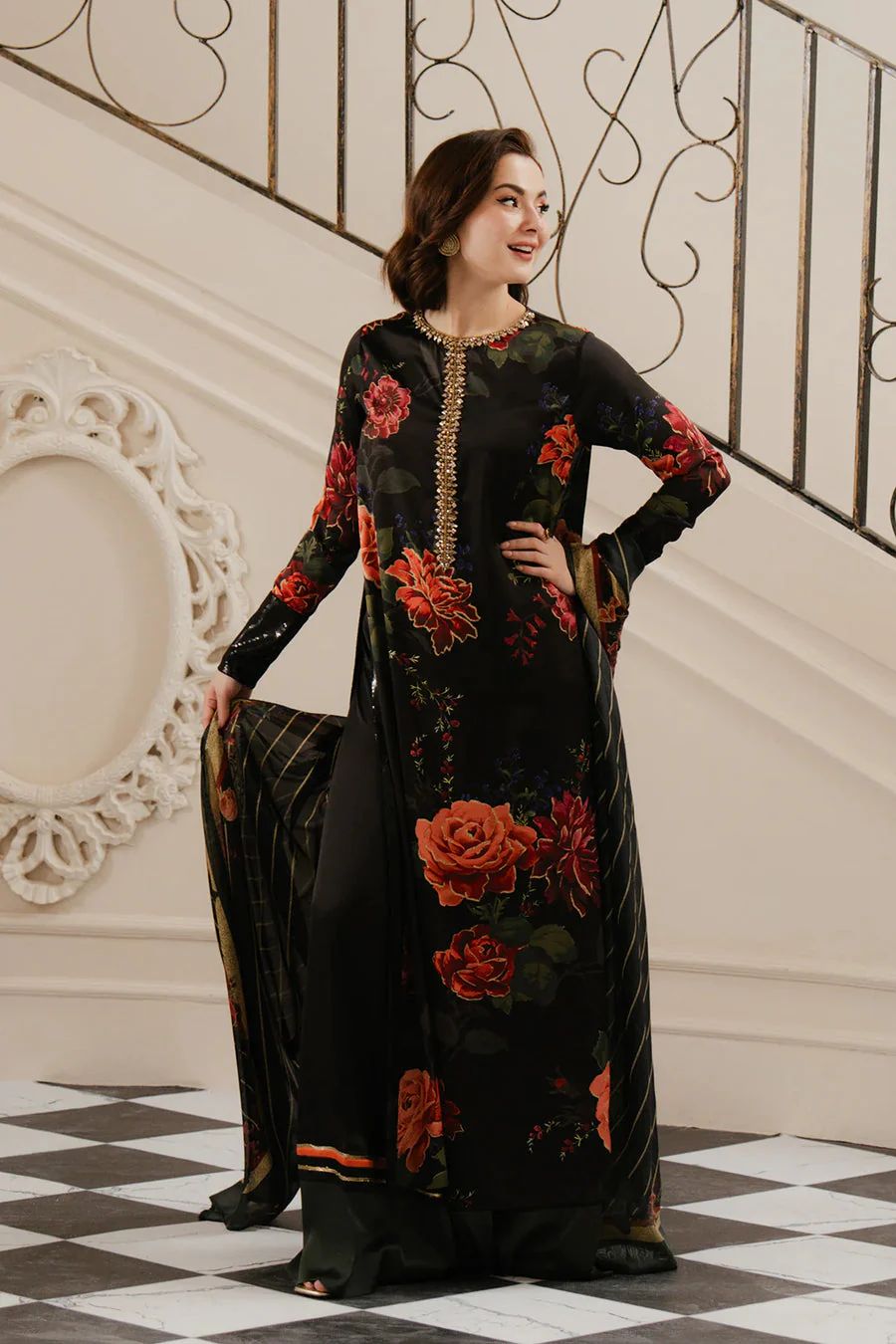 3 Pcs Shamooz Silk (Black Floral Shirt, Trouser & Dupatta)