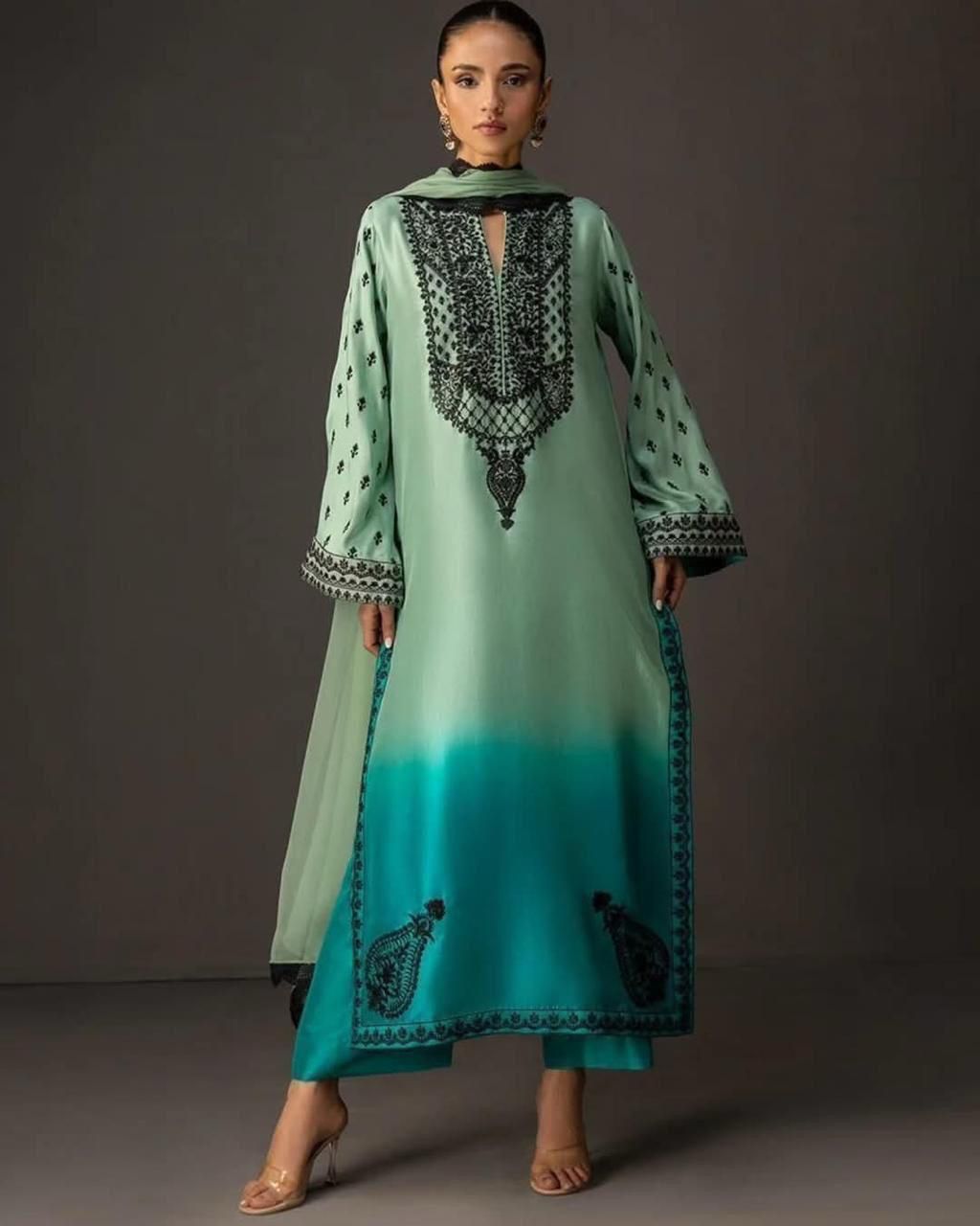 3 Pcs Shamooz Silk (Double Shade Shirt, Trouser & Dupatta)