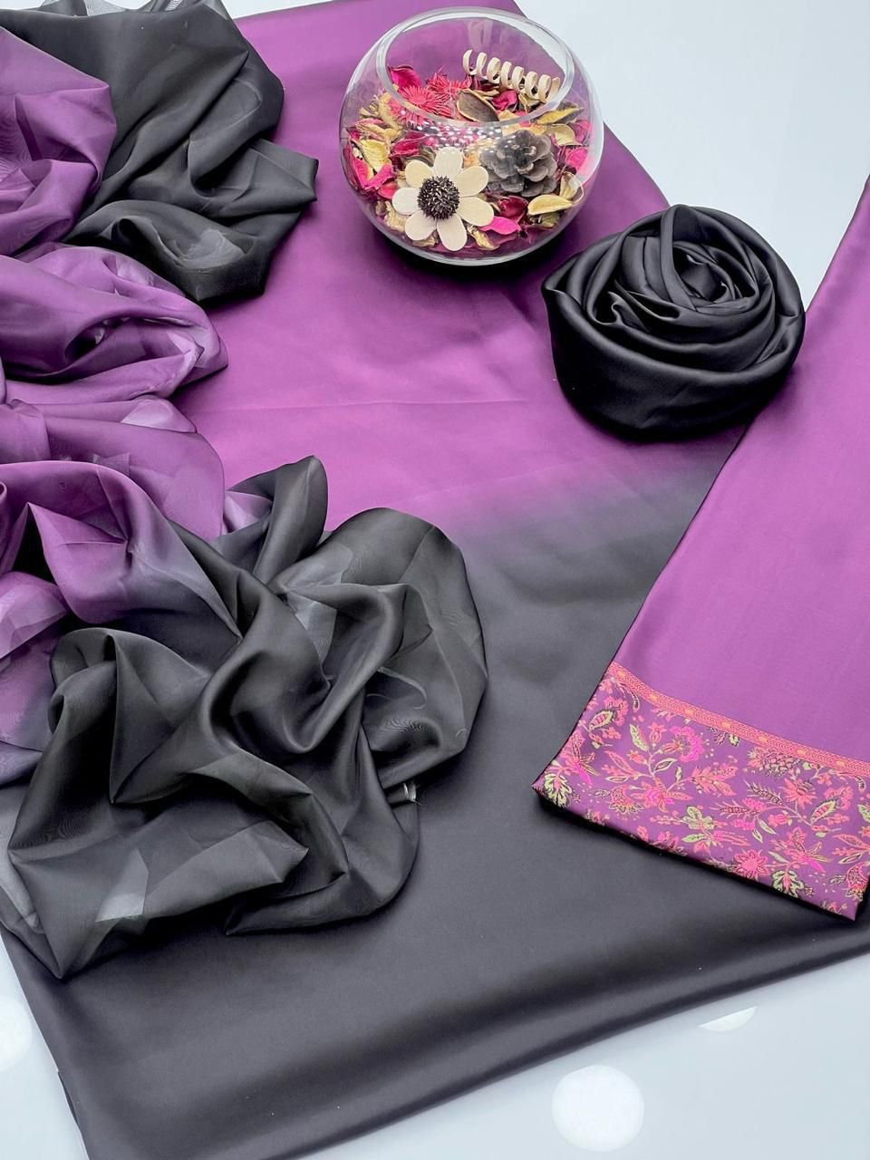 3 Pcs Shamooz Silk (Marjanda Black Shade Shirt, Trouser & Dupatta)