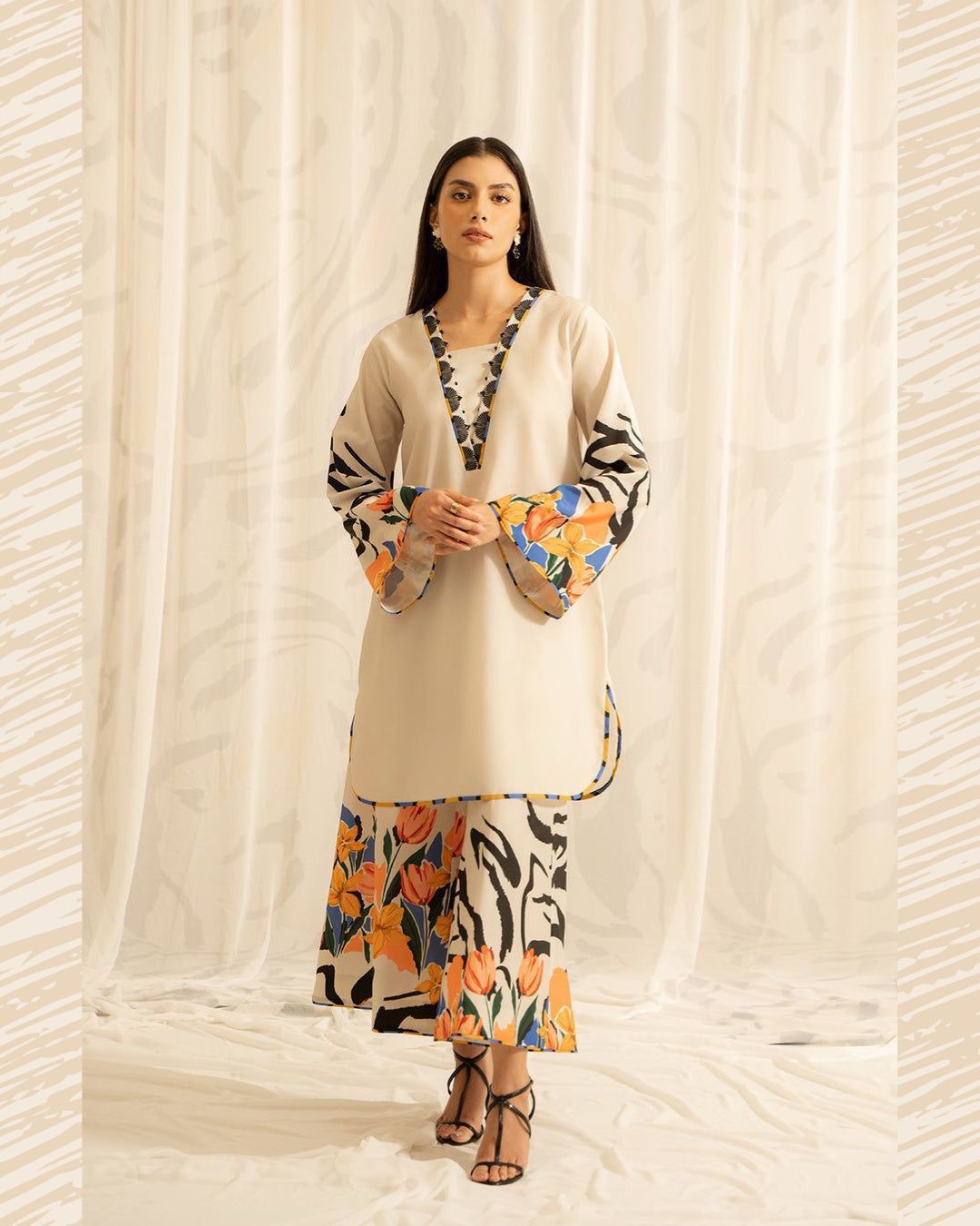 3 Pcs Shamooz Silk (Multicolor Offwhite Shirt, Trouser & Dupatta)