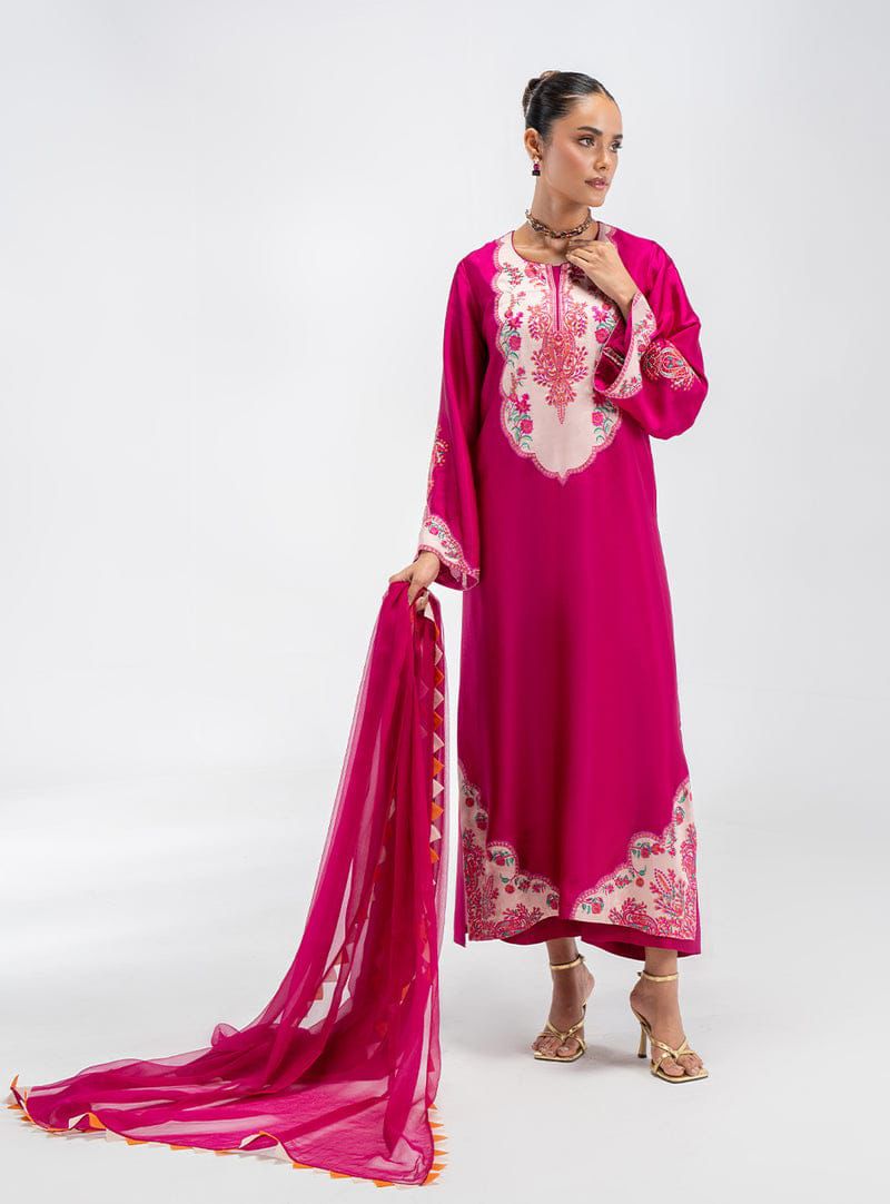 3 Pcs Shamooz Silk (Hot Pink Shirt, Trouser & Dupatta)