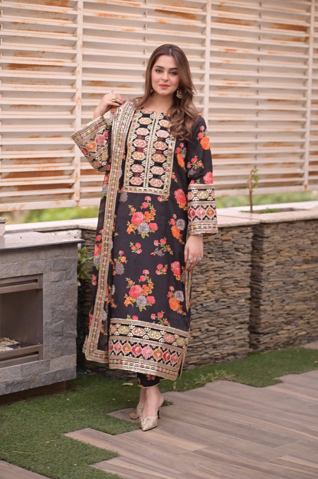 3 Pcs Shamooz Silk With Embroidery Patches (Black Floral Shirt & Trouser, Dupatta)