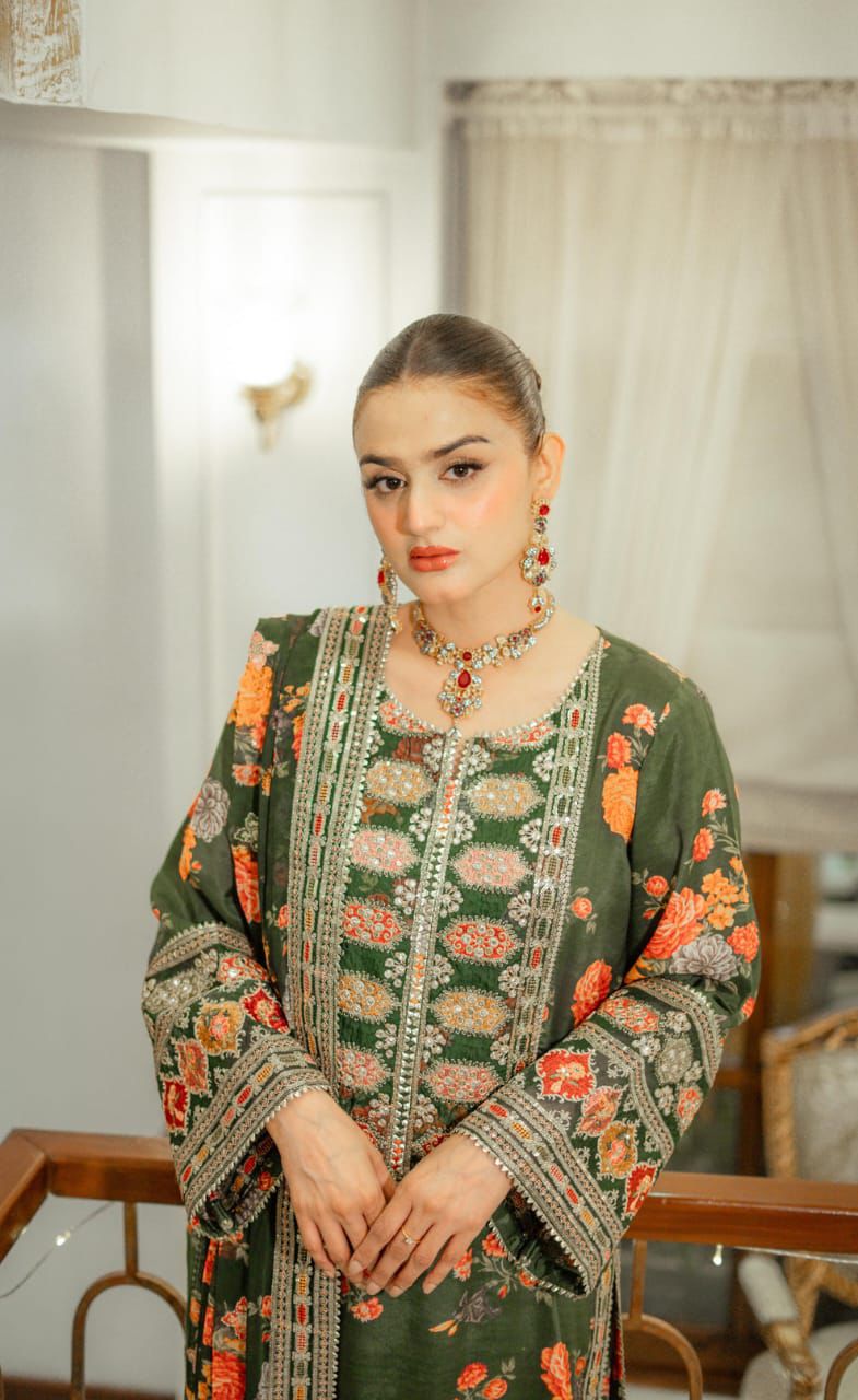 3 Pcs Shamooz Silk With Embroidery Patches (Green Floral Shirt & Trouser, Dupatta)