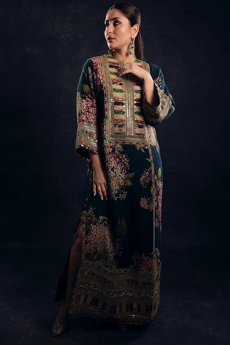 3 Pcs Shamooz Silk With Embroidery Patches (Navy Blue Floral Shirt & Trouser, Dupatta)