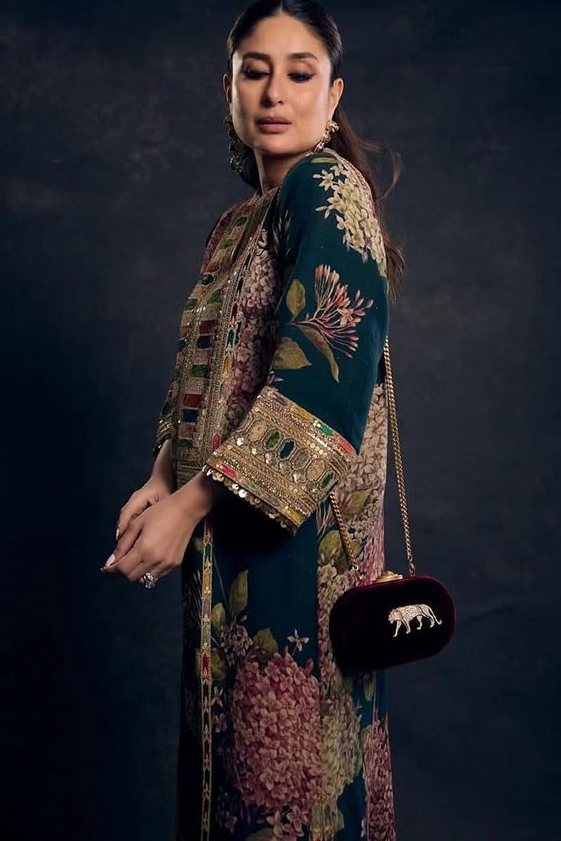 3 Pcs Shamooz Silk With Embroidery Patches (Navy Blue Floral Shirt & Trouser, Dupatta)