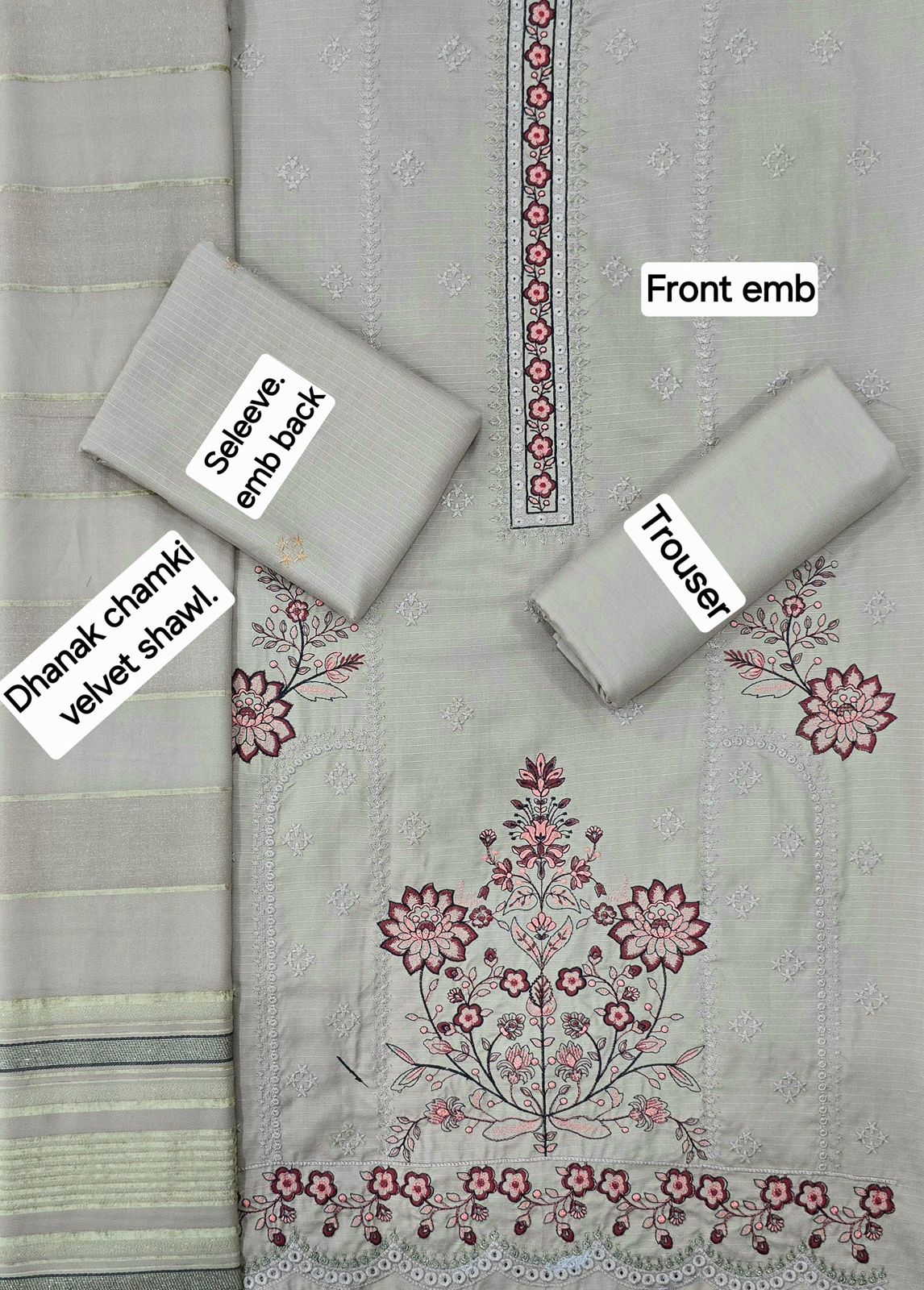 Banadora Dhanak Embroidery 3pcs With Dhanak Chamki Velvet Shawl