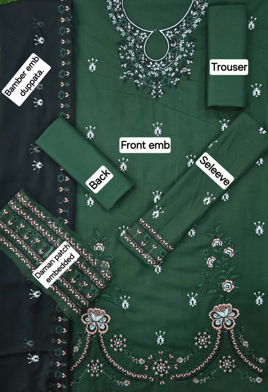 3 Pcs Dhanak Embroidery With Bamber Embroidery Dupatta