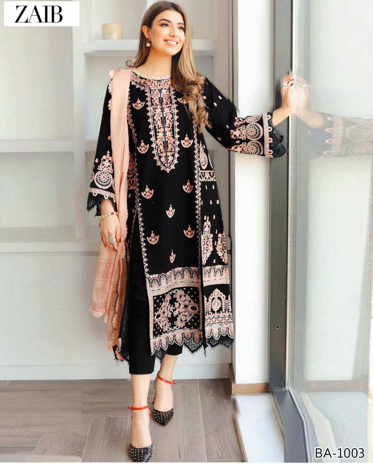 3 Pcs Dhanak Embroidery With Bamber Embroidery Dupatta