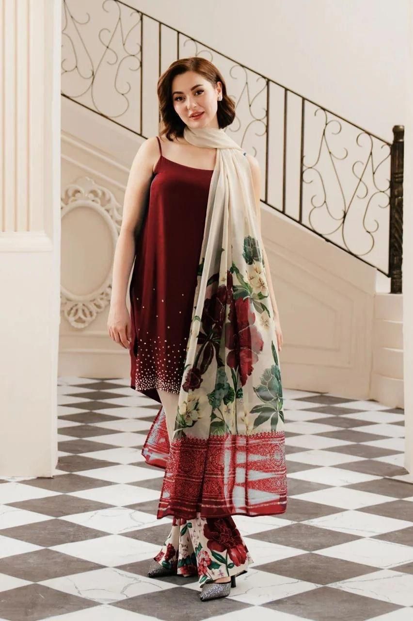 3 Pcs Shamooz Silk (Maroon Shirt & Trouser, Floral Dupatta)