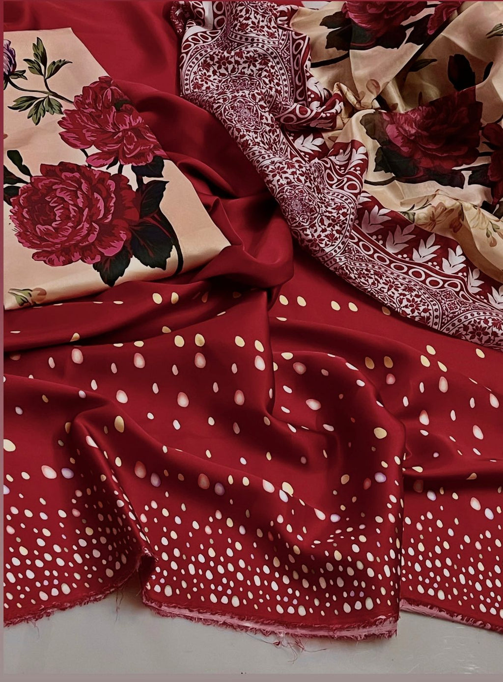 3 Pcs Shamooz Silk (Maroon Shirt & Trouser, Floral Dupatta)