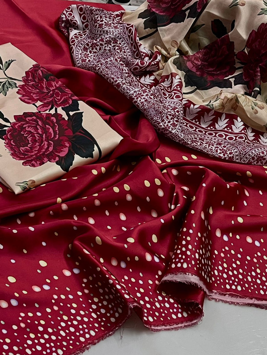 3 Pcs Shamooz Silk (Maroon Shirt & Trouser, Floral Dupatta)