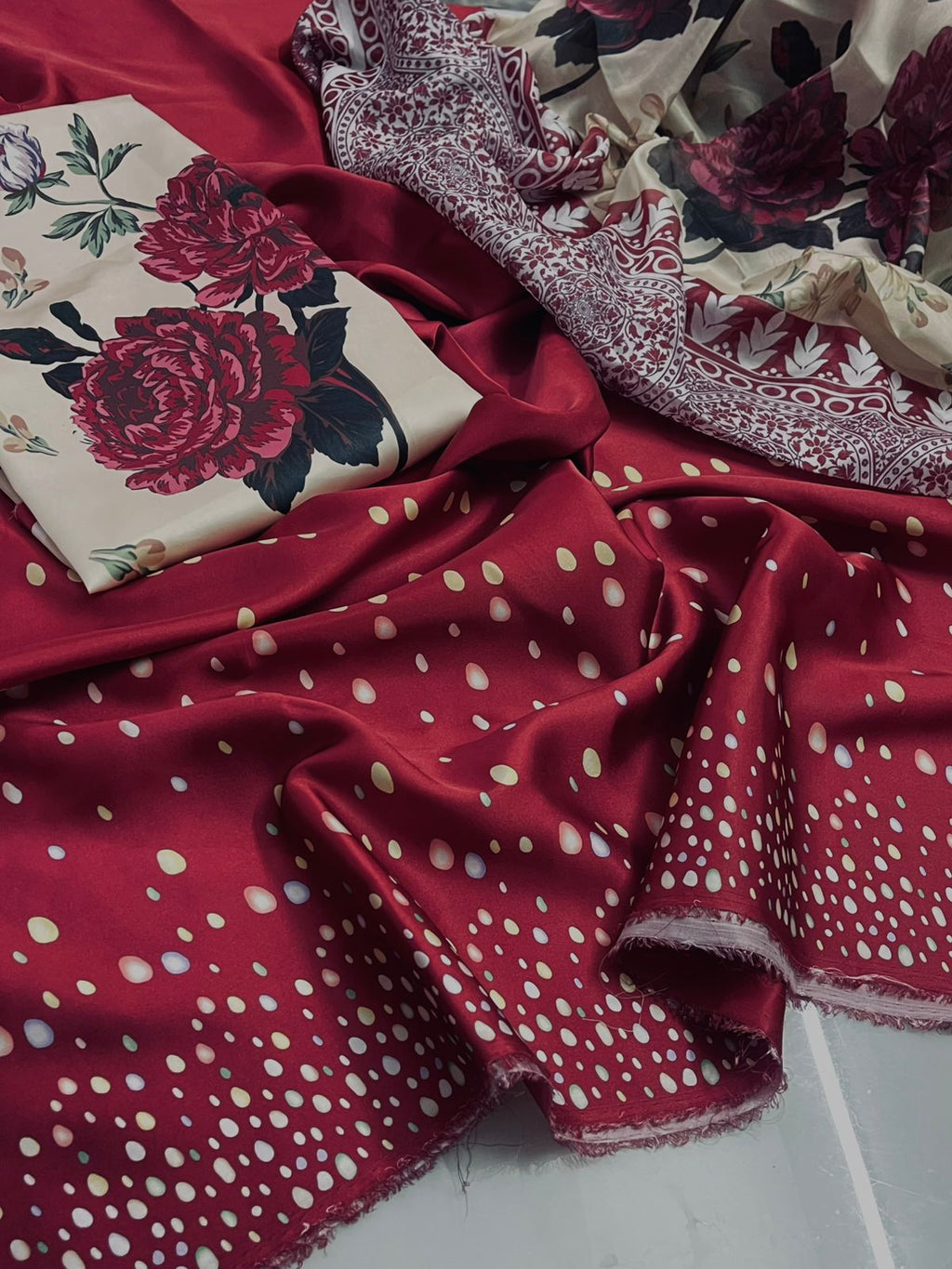 3 Pcs Shamooz Silk (Maroon Shirt & Trouser, Floral Dupatta)