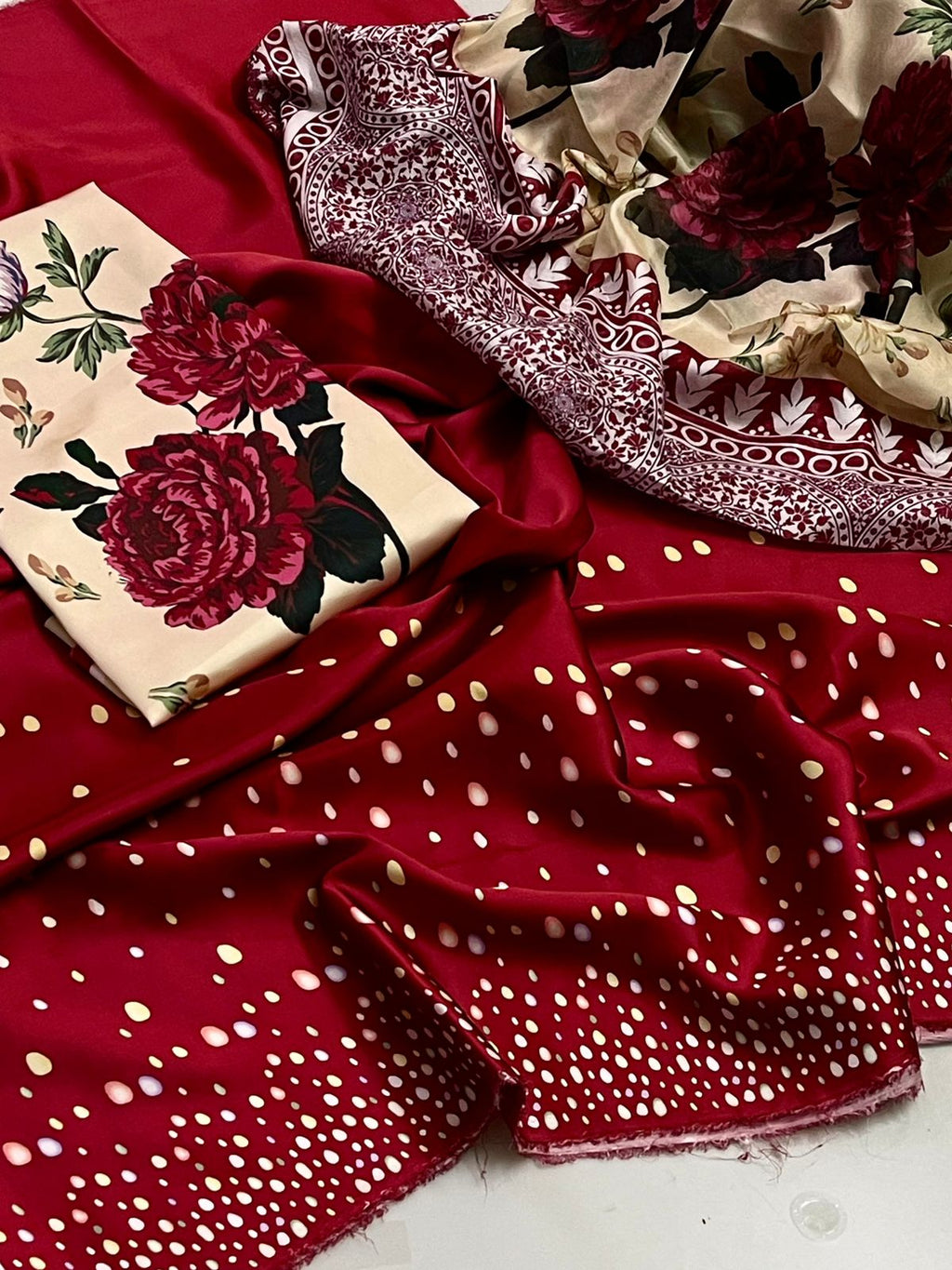 3 Pcs Shamooz Silk (Maroon Shirt & Trouser, Floral Dupatta)