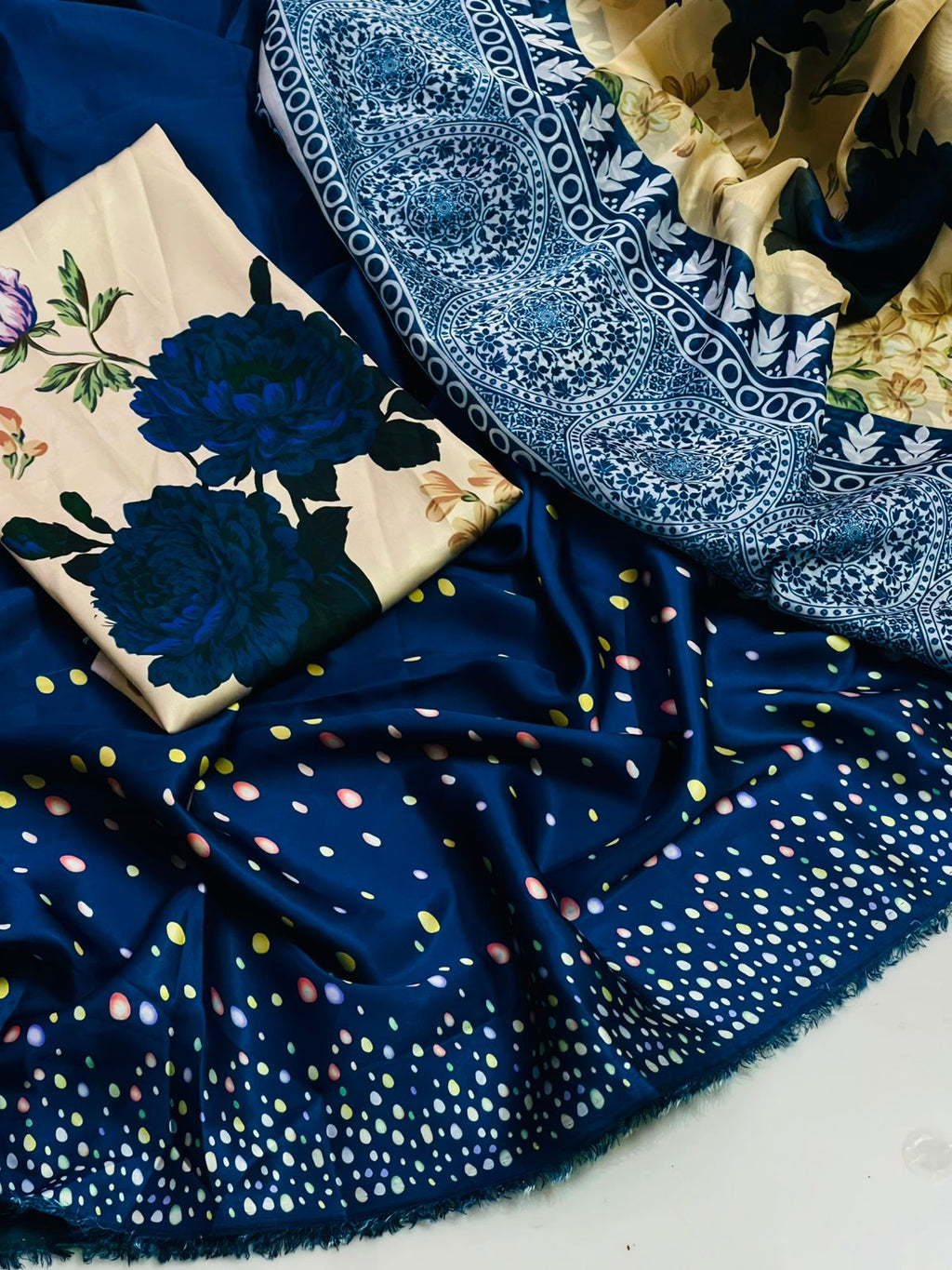 3 Pcs Shamooz Silk (Teal Blue Shirt & Floral Trouser with Matching Printed Dupatta)