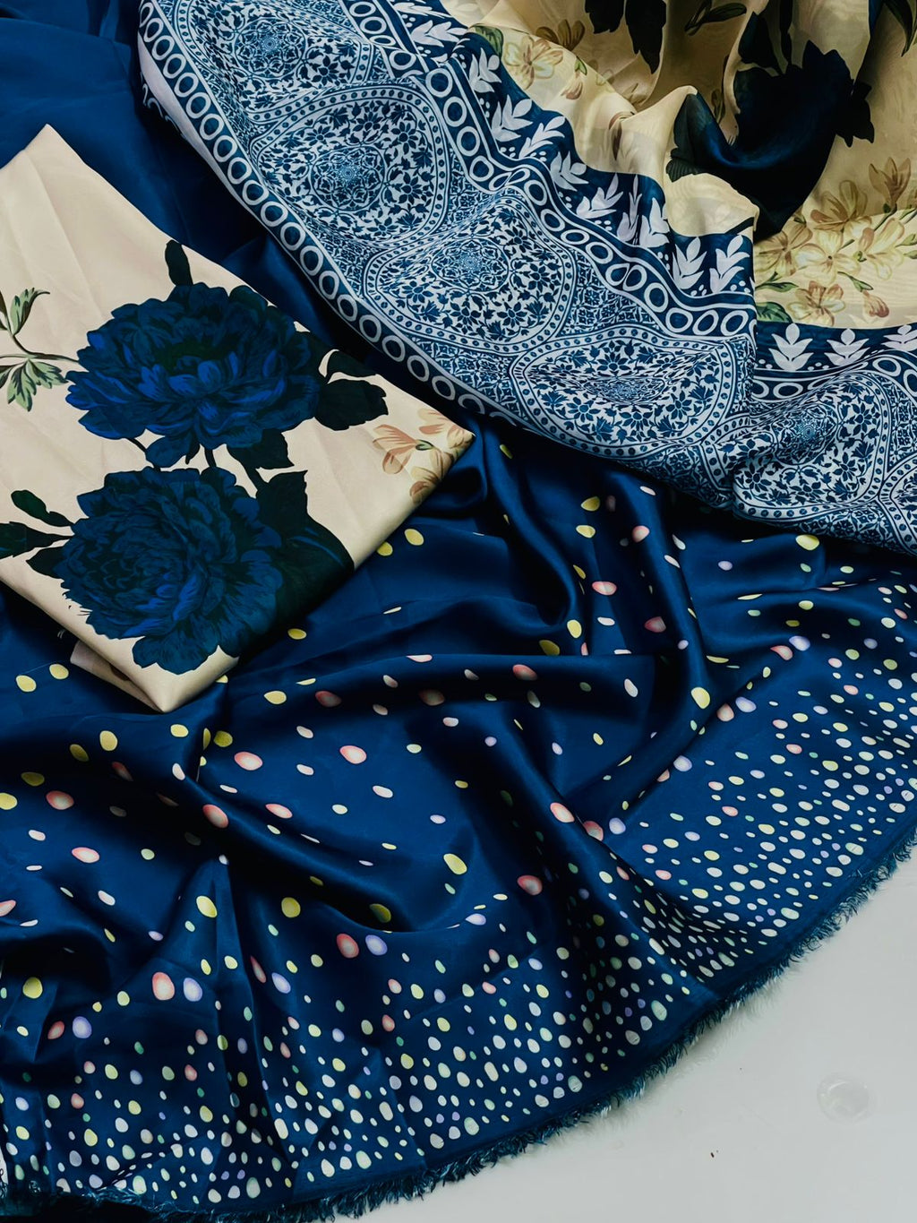3 Pcs Shamooz Silk (Teal Blue Shirt & Floral Trouser with Matching Printed Dupatta)