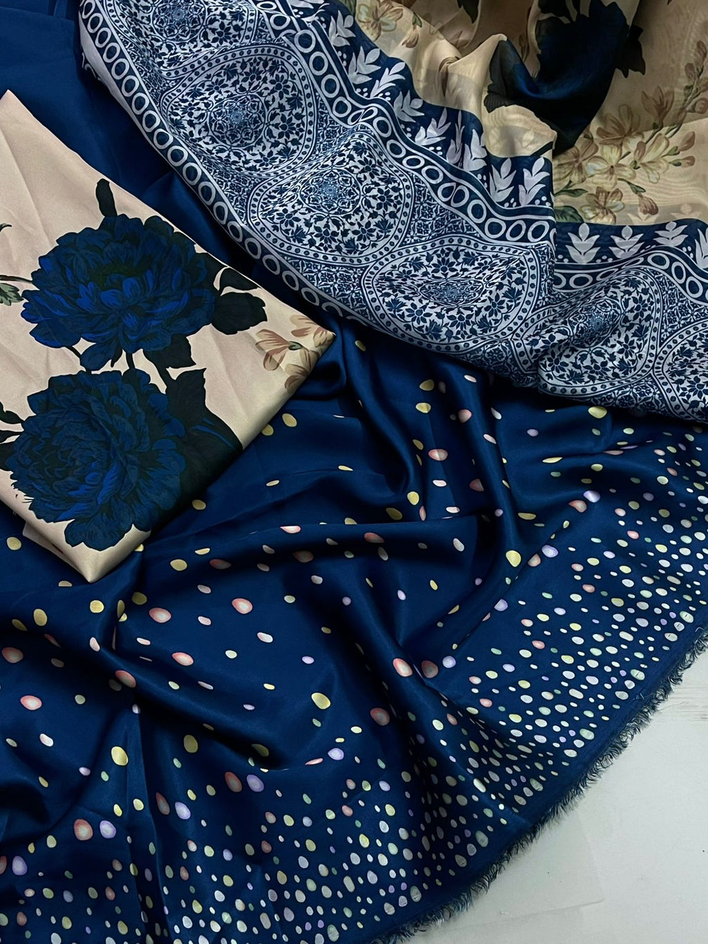 3 Pcs Shamooz Silk (Teal Blue Shirt & Floral Trouser with Matching Printed Dupatta)