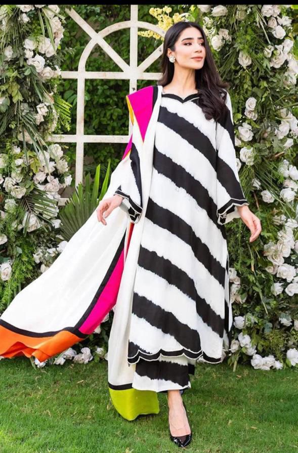 3 Pcs Shamooz Silk (White & Black Shirt & Trouser With Multi Dupatta)