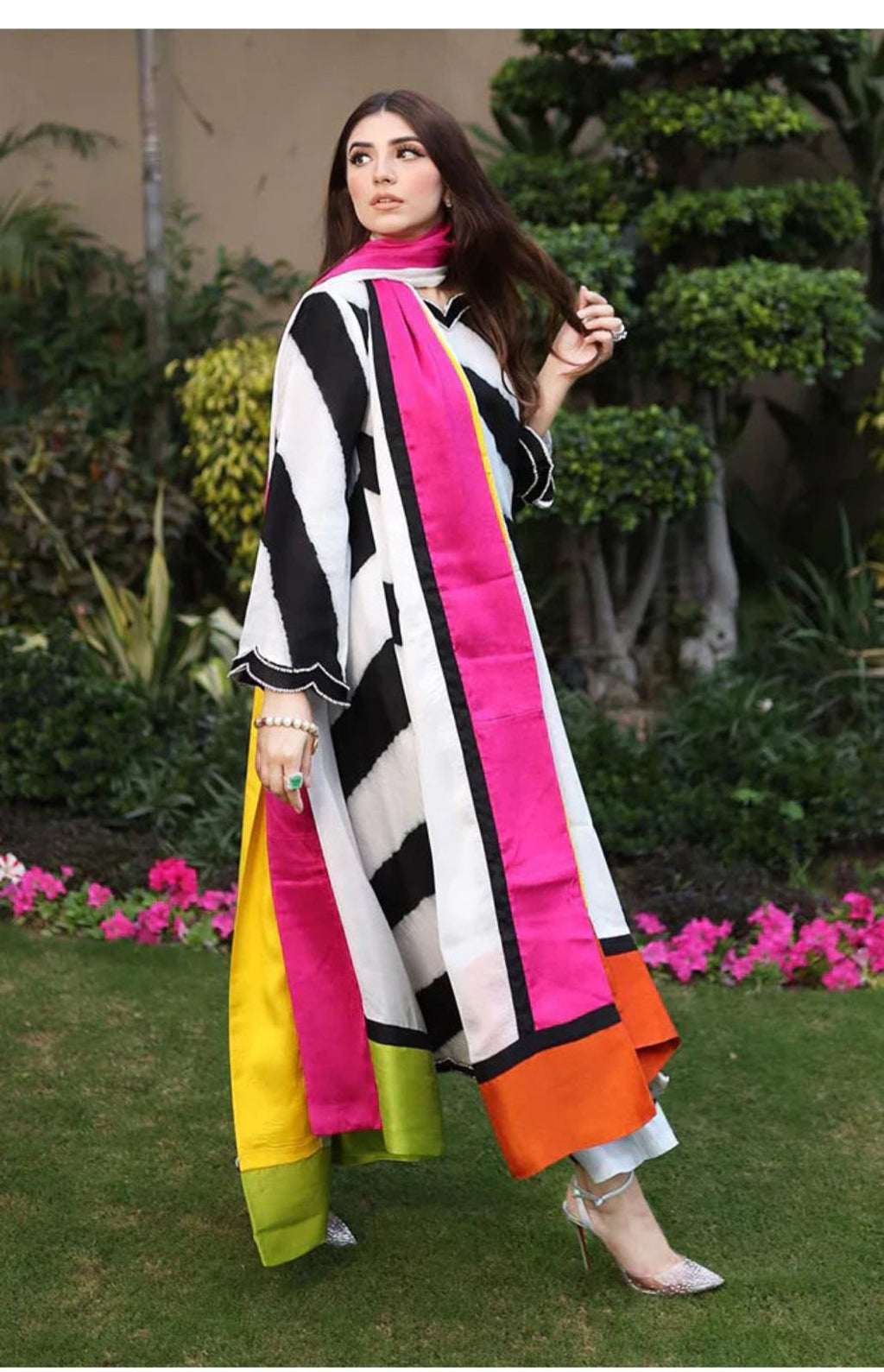 3 Pcs Shamooz Silk (White & Black Shirt & Trouser With Multi Dupatta)