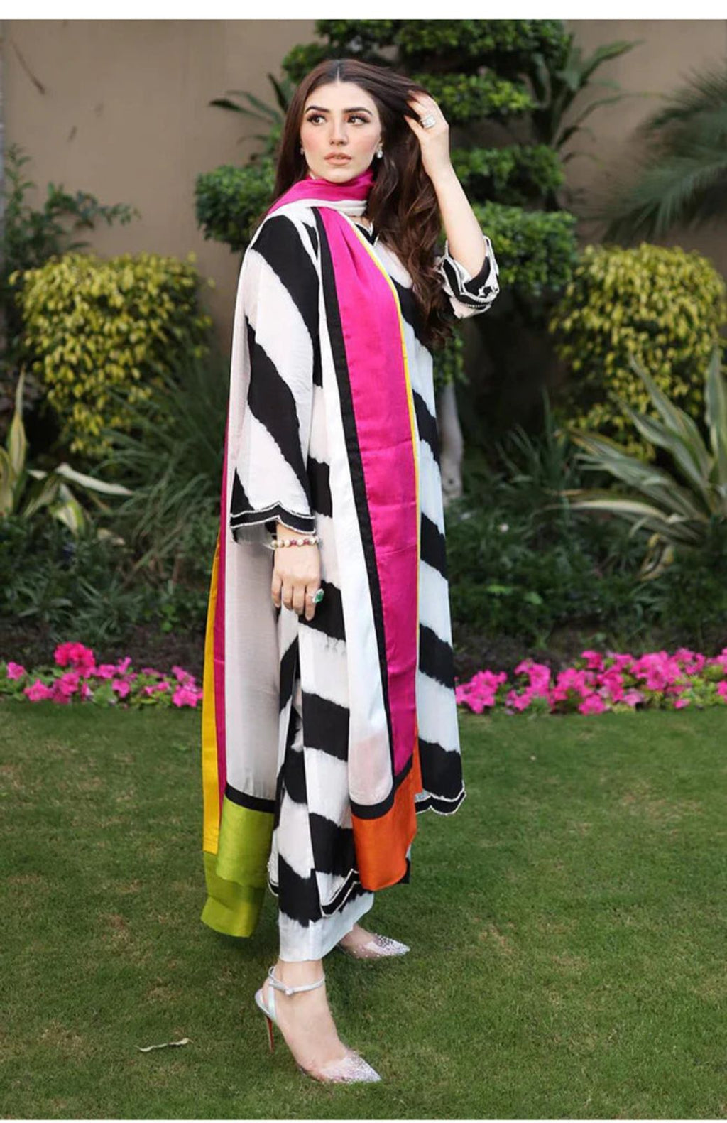 3 Pcs Shamooz Silk (White & Black Shirt & Trouser With Multi Dupatta)