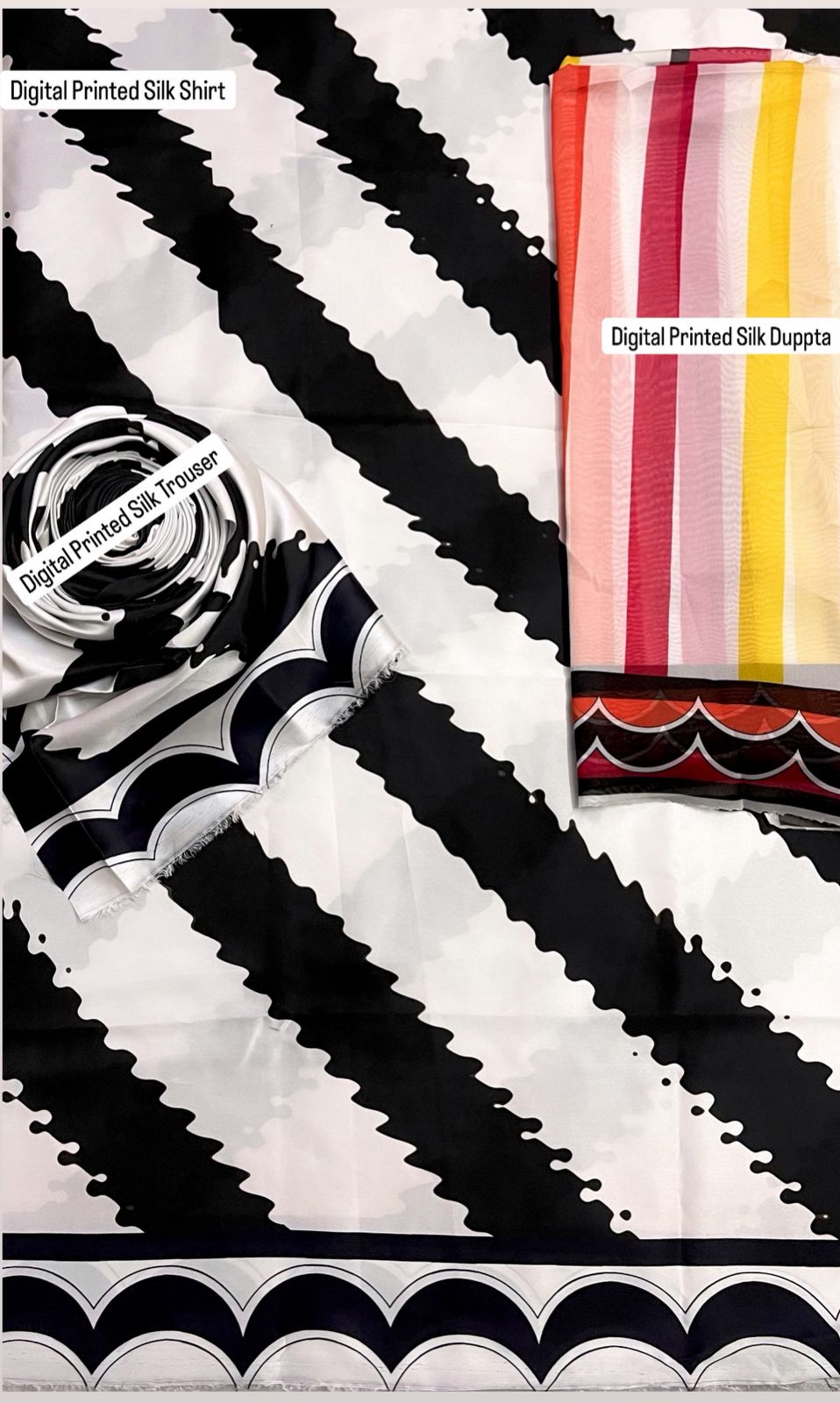 3 Pcs Shamooz Silk (White & Black Shirt & Trouser With Multi Dupatta)