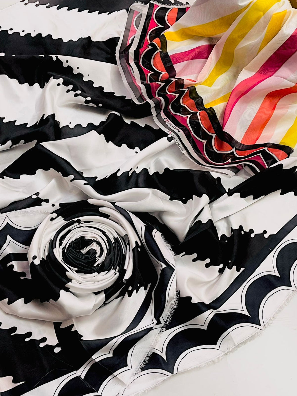 3 Pcs Shamooz Silk (White & Black Shirt & Trouser With Multi Dupatta)