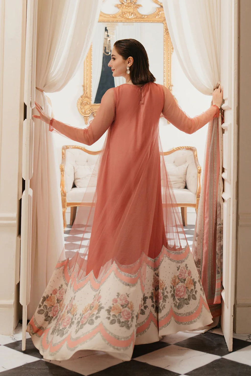 3 Pcs Shamooz Silk (Orange Shirt & Trouser with Printed Border & Dupatta)