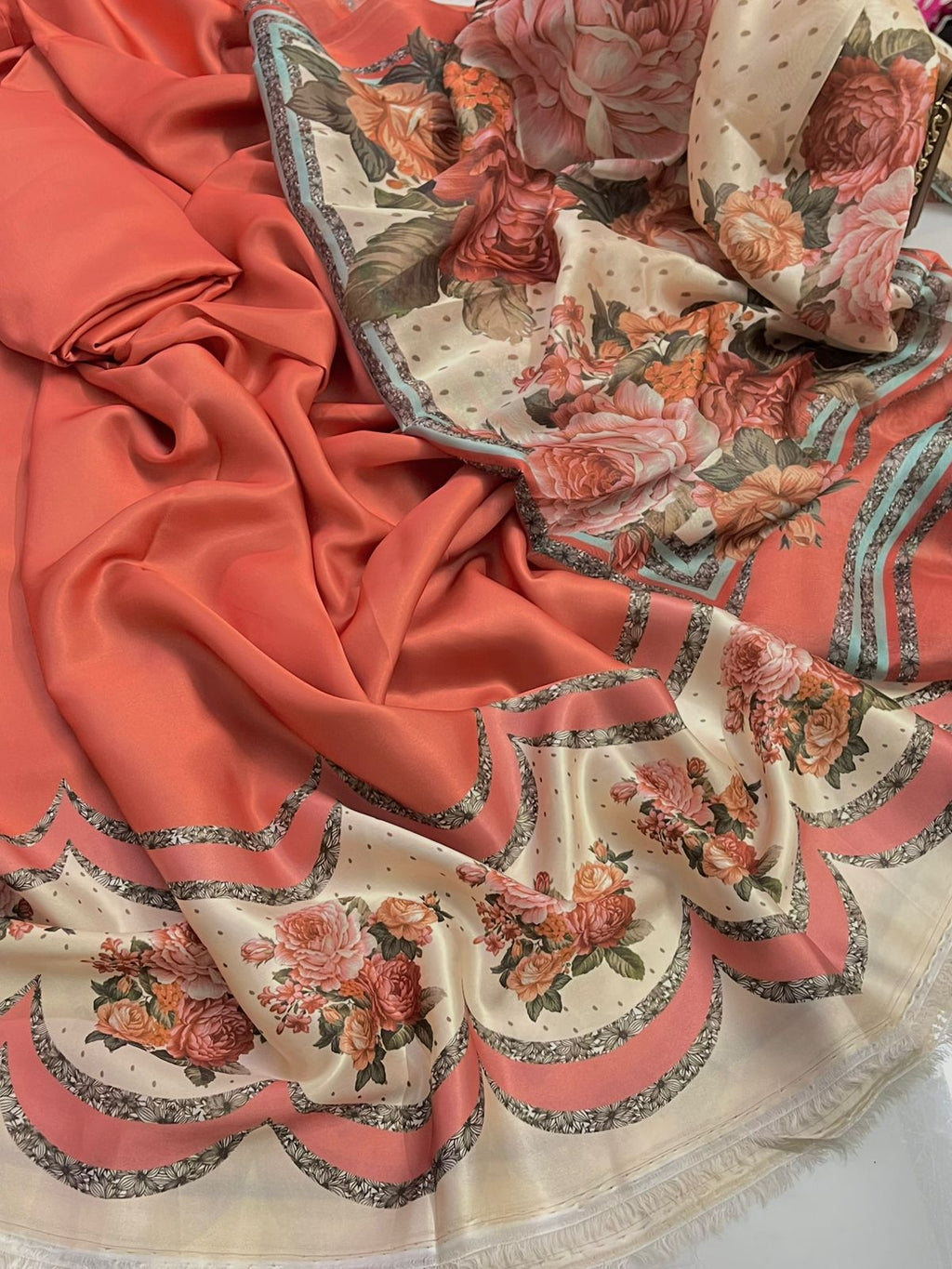 3 Pcs Shamooz Silk (Orange Shirt & Trouser with Printed Border & Dupatta)