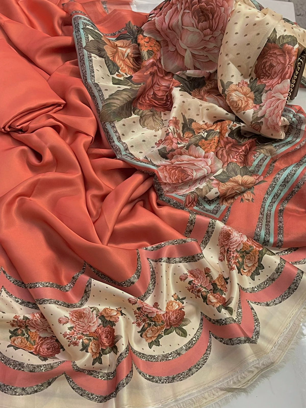 3 Pcs Shamooz Silk (Orange Shirt & Trouser with Printed Border & Dupatta)