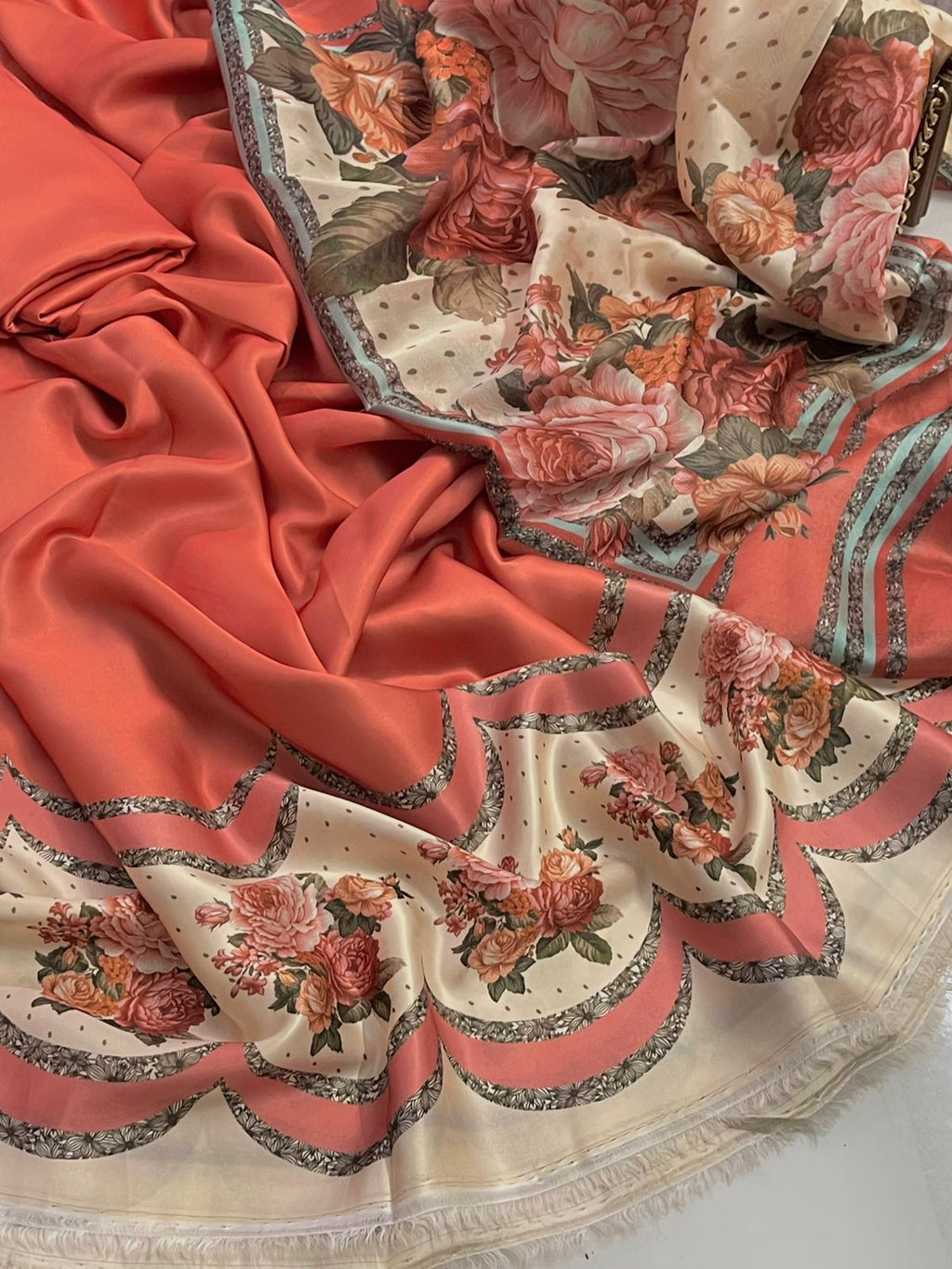 3 Pcs Shamooz Silk (Orange Shirt & Trouser with Printed Border & Dupatta)