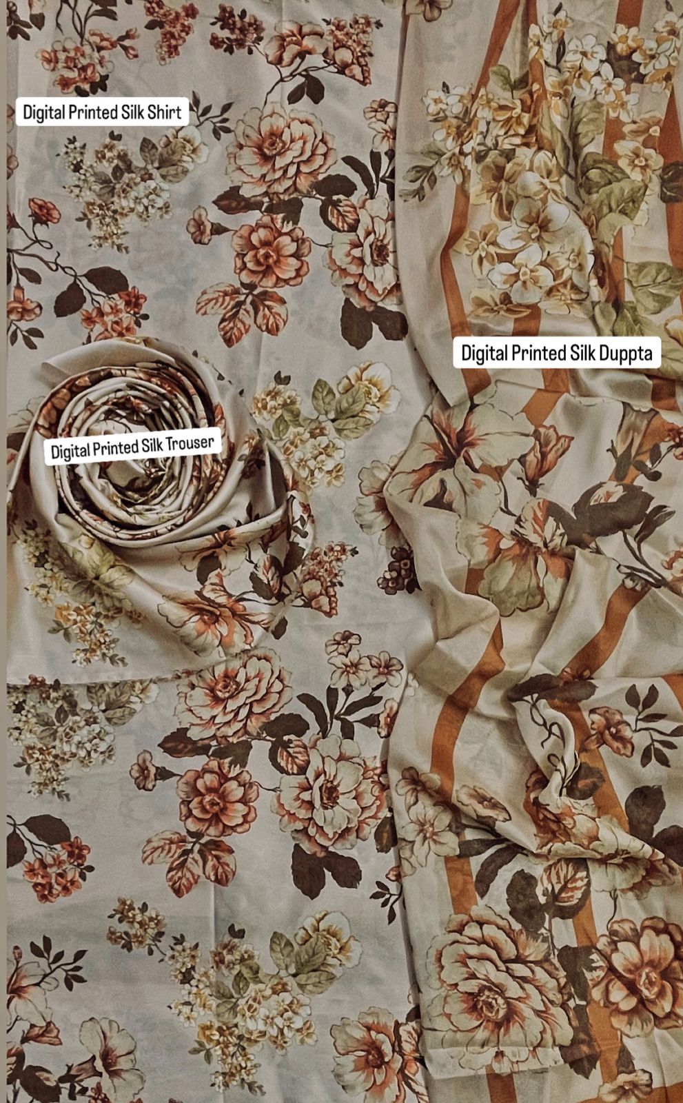 3 Pcs Shamooz Silk (Skin Floral Shirt , Trouser & Dupatta)