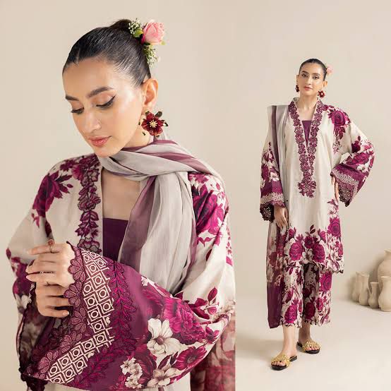 3 Pcs Shamooz Silk (Plum & Off white Color Shirt, Trouser& Dupatta)