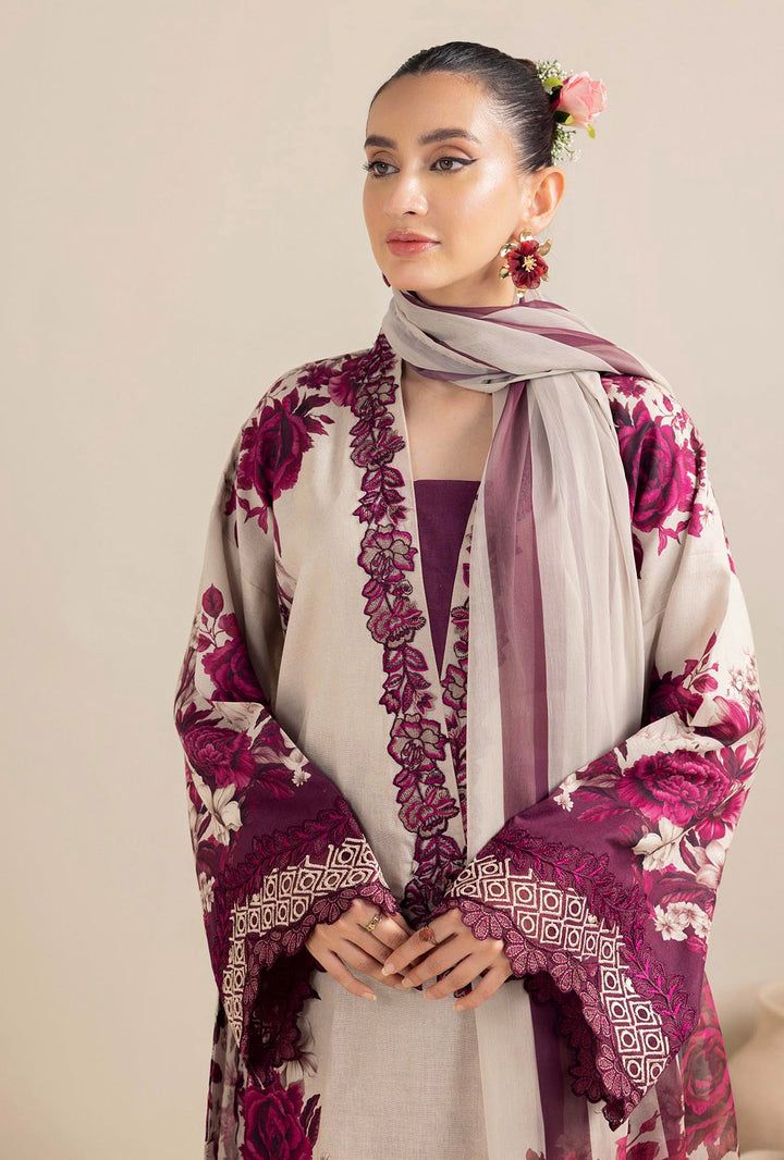 3 Pcs Shamooz Silk (Plum & Off white Color Shirt, Trouser& Dupatta)