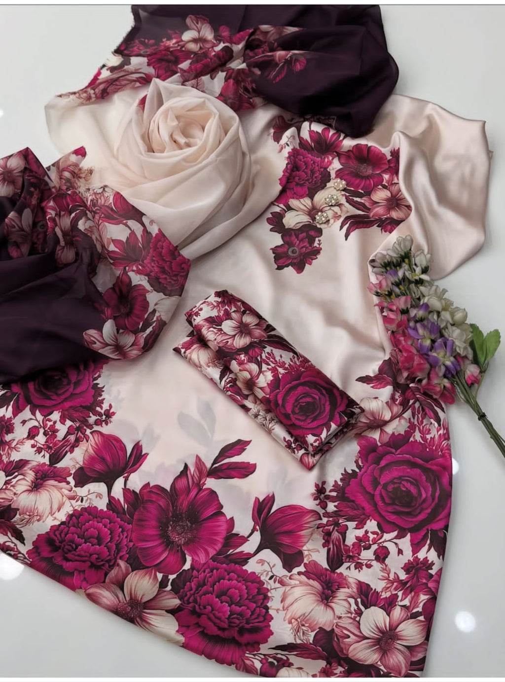 3 Pcs Shamooz Silk (Plum & Off white Color Shirt, Trouser& Dupatta)