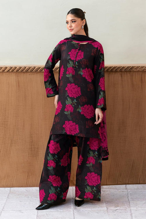 3 Pcs Shamooz Silk (Black Floral Shirt, Trouser & Dupatta)