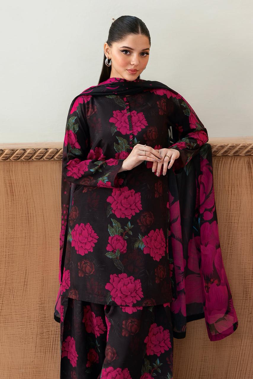 3 Pcs Shamooz Silk (Black Floral Shirt, Trouser & Dupatta)