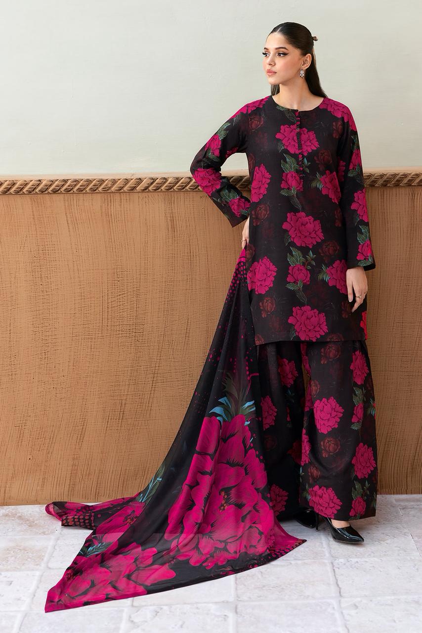 3 Pcs Shamooz Silk (Black Floral Shirt, Trouser & Dupatta)