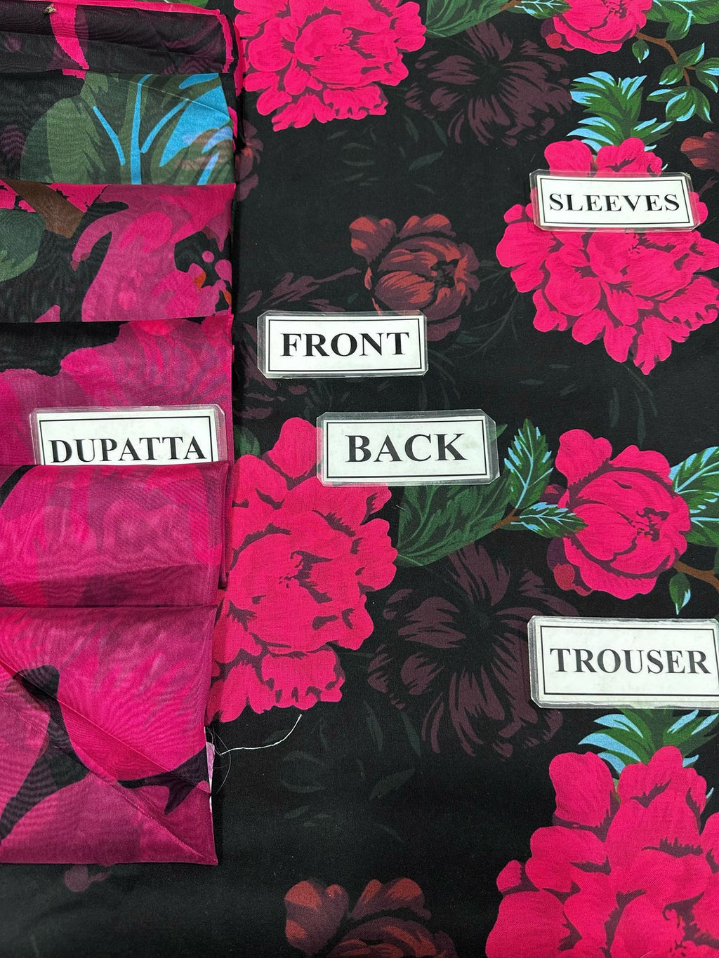 3 Pcs Shamooz Silk (Black Floral Shirt, Trouser & Dupatta)