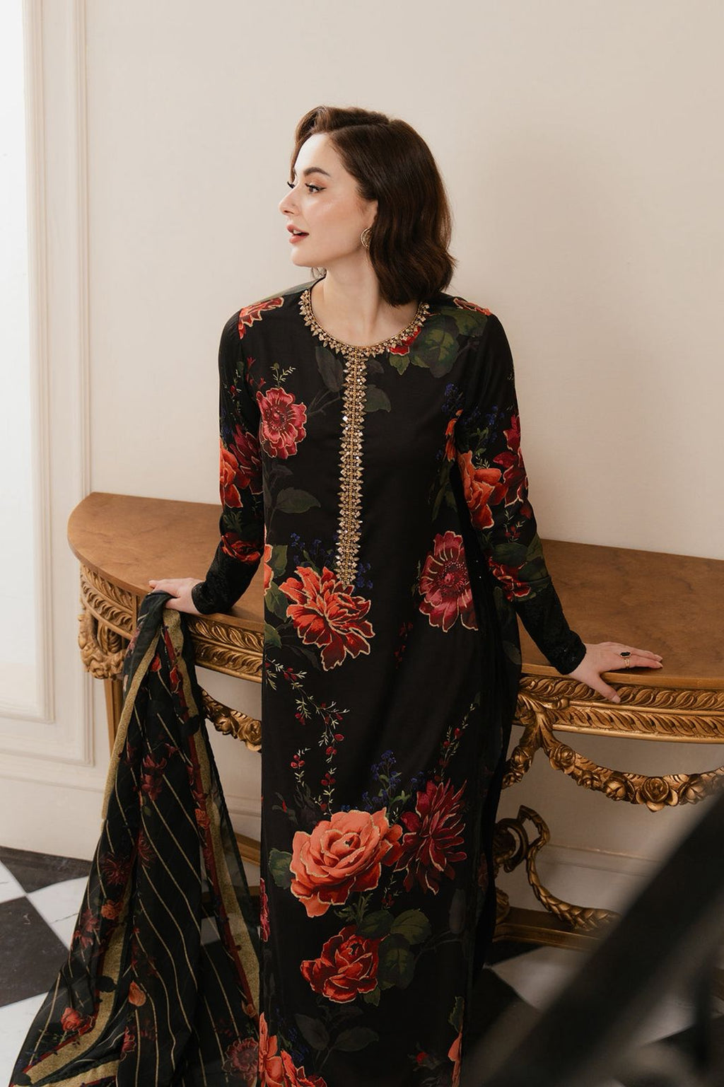 3 Pcs Shamooz Silk (Black Floral Shirt, Trouser & Dupatta)