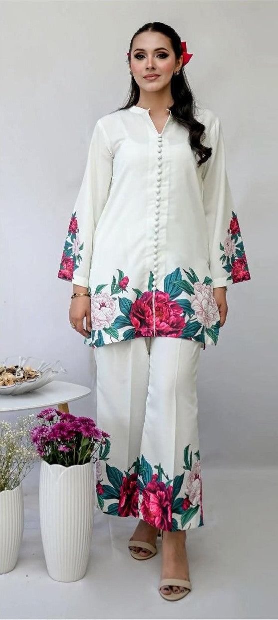 3 Pcs Shamooz Silk (White shirt & floral trouser and printed dupatta)