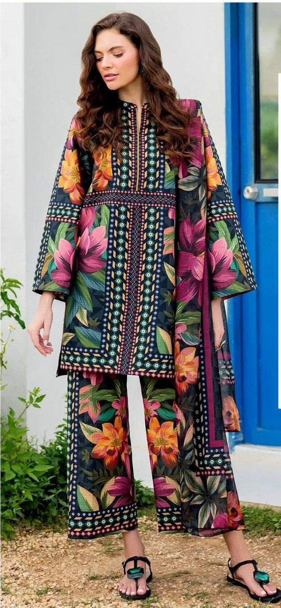 3 Pcs Shamooz Silk (Multicolor shirt & floral trouser with matching printed dupatta)