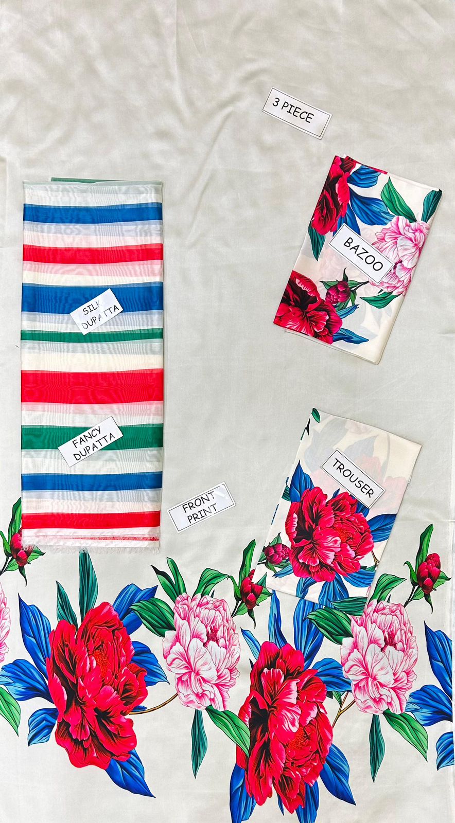 3 Pcs Shamooz Silk (White shirt & floral trouser and printed dupatta)