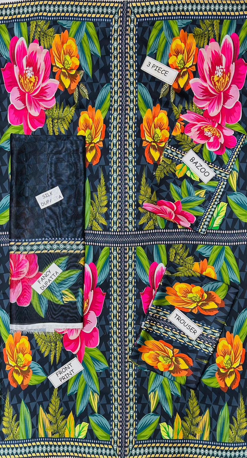 3 Pcs Shamooz Silk (Multicolor shirt & floral trouser with matching printed dupatta)