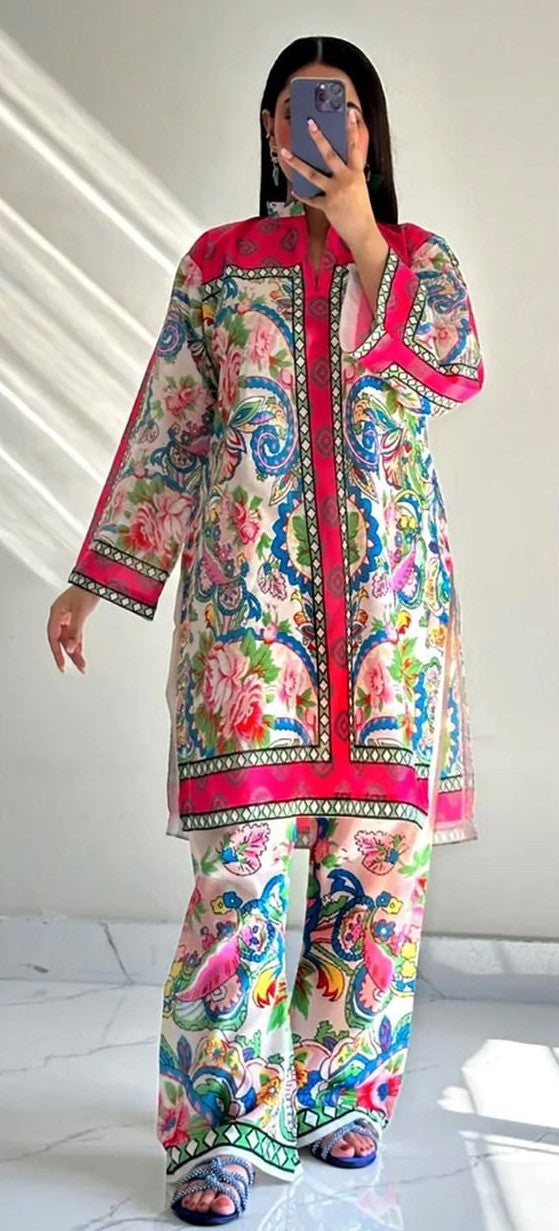 3 Pcs Shamooz Silk (Multicolor shirt & floral trouser with matching printed dupatta)