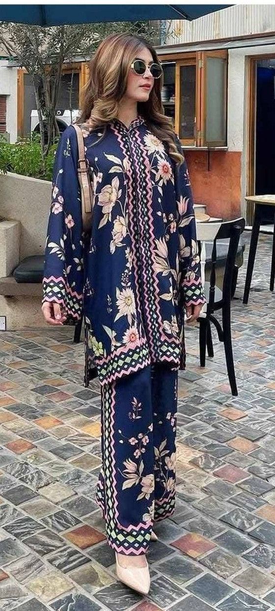 3 Pcs Shamooz Silk (Blue shirt & floral trouser with matching printed dupatta)