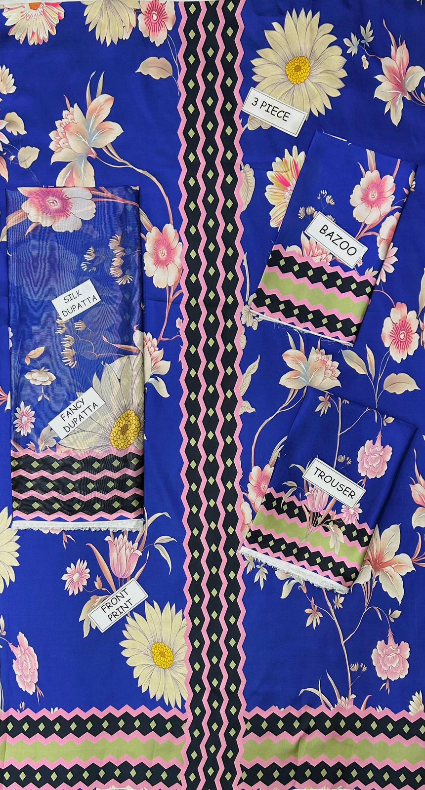 3 Pcs Shamooz Silk (Blue shirt & floral trouser with matching printed dupatta)