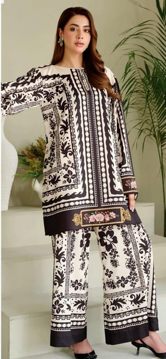 3 Pcs Shamooz Silk (Black & White shirt & Printed trouser with matching printed dupatta)
