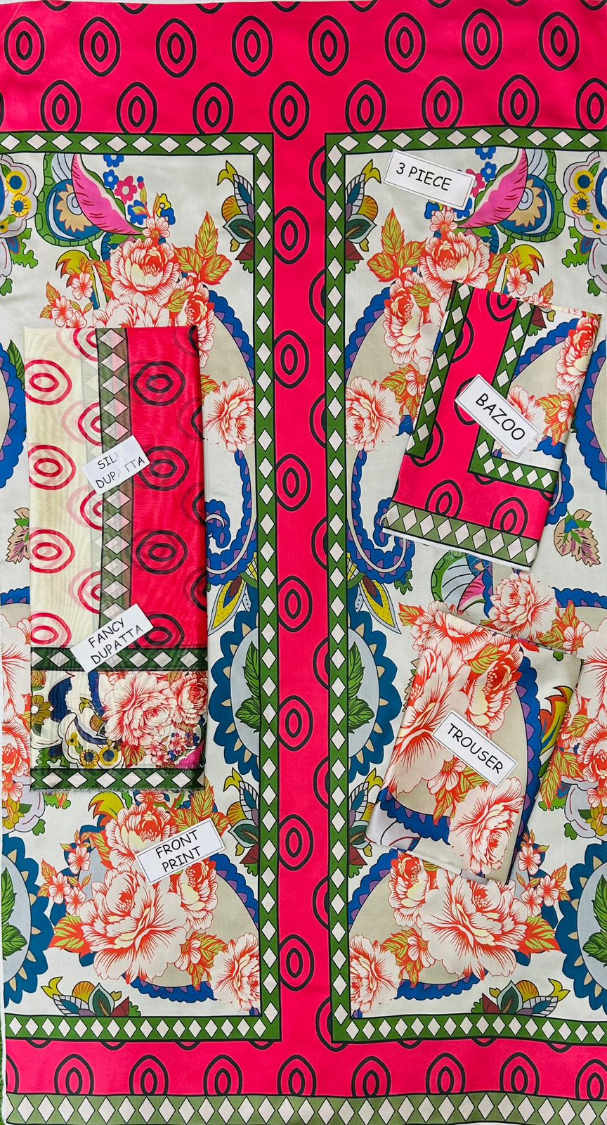 3 Pcs Shamooz Silk (Multicolor shirt & floral trouser with matching printed dupatta)